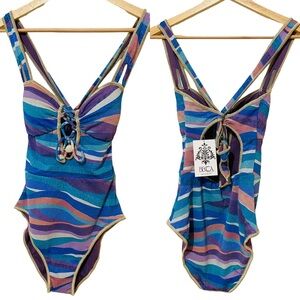BECCA Sz M Kylam Sound Waves X-Back Strap One Piece Swimsuit Medium Blue Purple